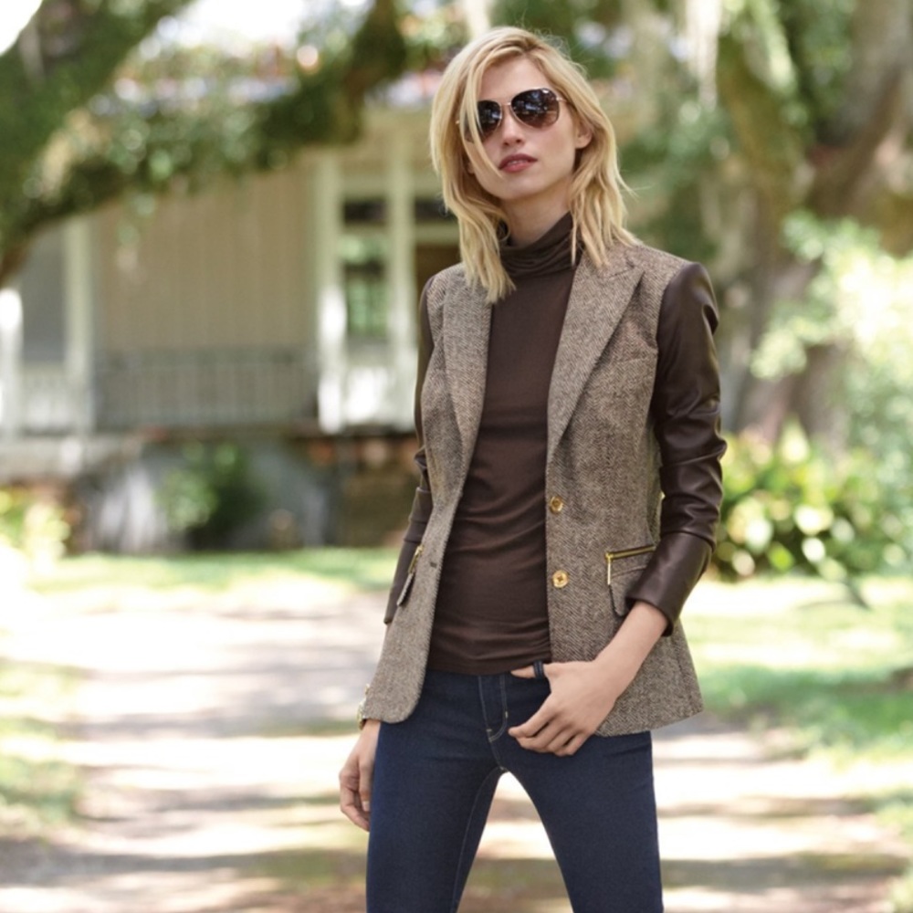 Faux Leather Sleeve Tweed Blazer